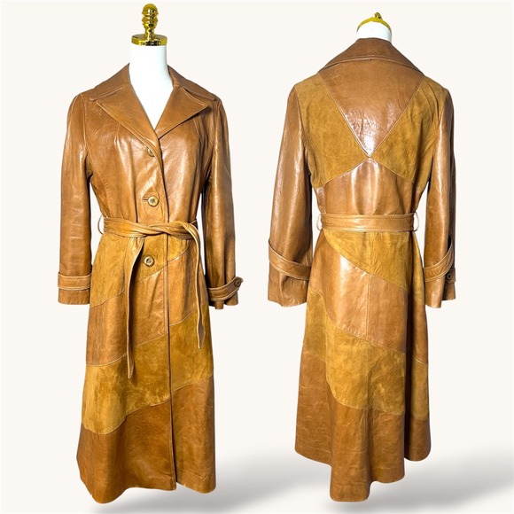Vintage 70s Skin Gear Napa Ante Leather Trench Coat S Patchwork Tan Brown